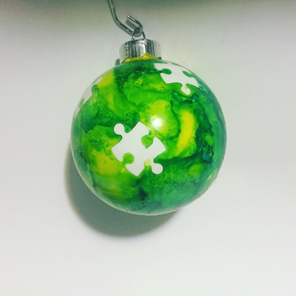 Green & Yellow Autism Puzzle Christmas Ornament